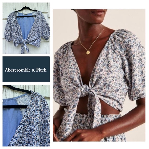 Abercrombie & Fitch Tops - Abercrombie & Fitch Blue Floral Linen Blend Tie Front Puff Sleeve Crop Top M